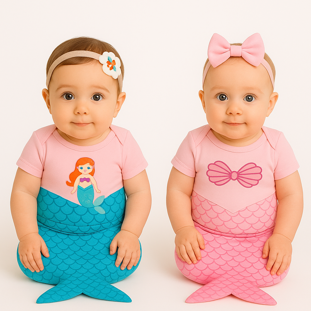 Body Bebê Mesversário com Calda e Laço 100% Algodão – Kit 3 Peças Temático Sereia