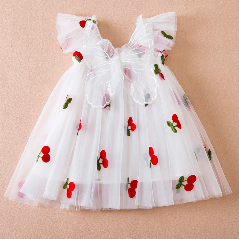 Verão novo vestido de manga voadora para meninas crianças arco morango bordado malha vestido de princesa vestido de bebê menina para 1-5 anos