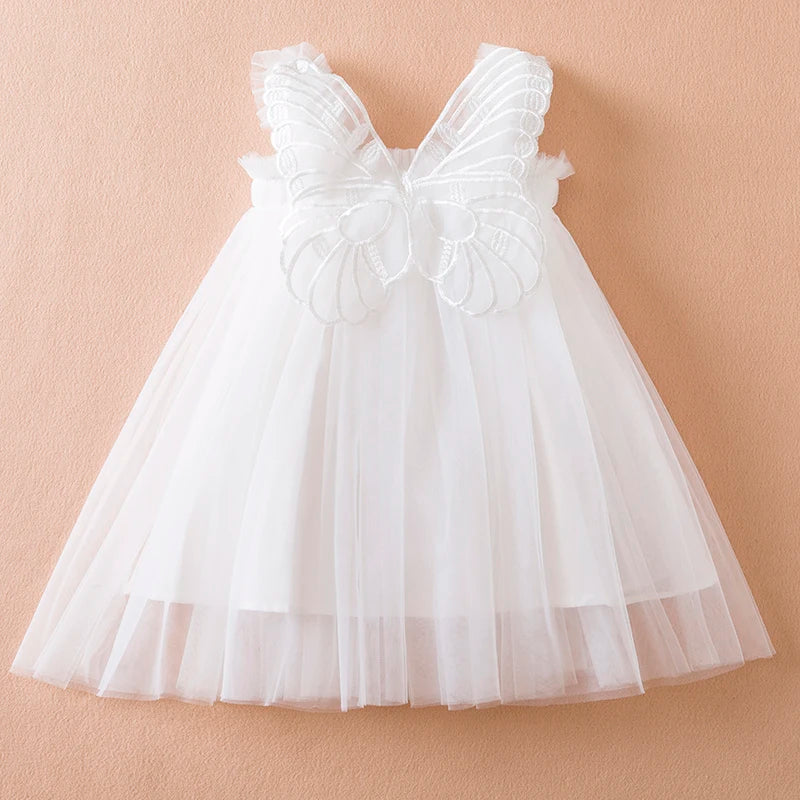 Verão novo vestido de manga voadora para meninas crianças arco morango bordado malha vestido de princesa vestido de bebê menina para 1-5 anos
