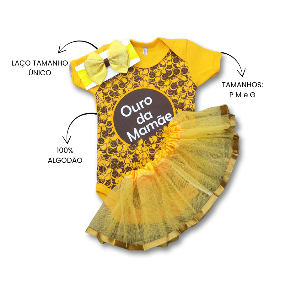 Body Bebê Mesversário com Tule e Laço 100% Algodão – Kit 3 Peças Temático Ouro da Mamãe