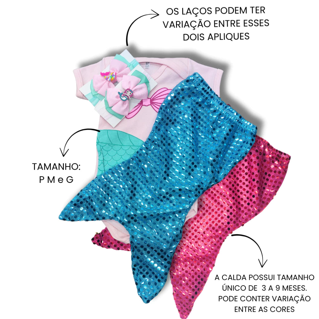 Body Bebê Mesversário com Calda e Laço 100% Algodão – Kit 3 Peças Temático Sereia