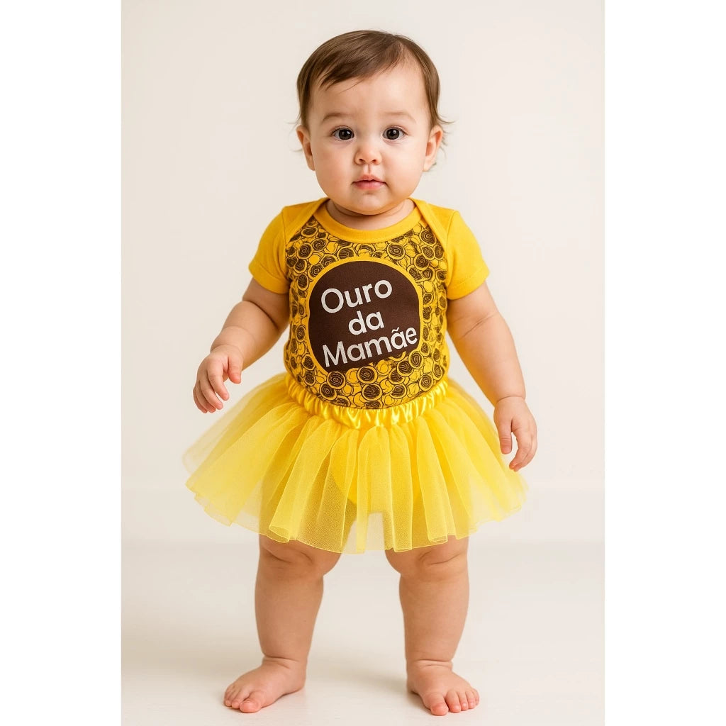 Body Bebê Mesversário com Tule e Laço 100% Algodão – Kit 3 Peças Temático Ouro da Mamãe