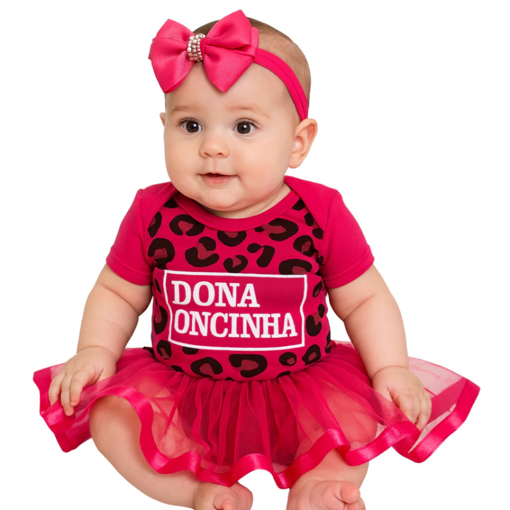 Body Bebê Mesversário com Tule e Laço 100% Algodão – Kit 3 Peças Temático Dona Oncinha