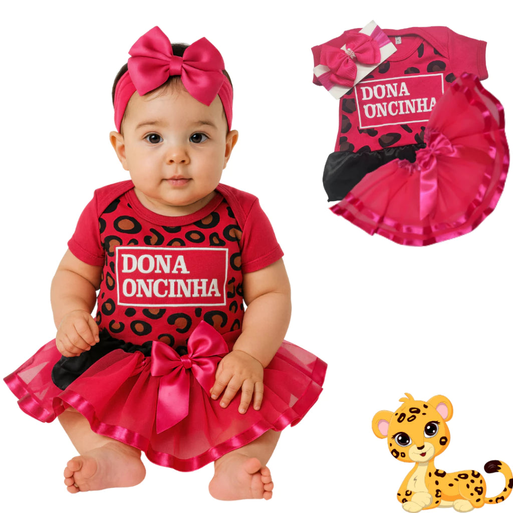Body Bebê Mesversário com Tule e Laço 100% Algodão – Kit 3 Peças Temático Dona Oncinha