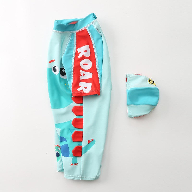 Macaquinho de Praia Infantil Manga Curta Dino Azul Claro - Ama Mamma