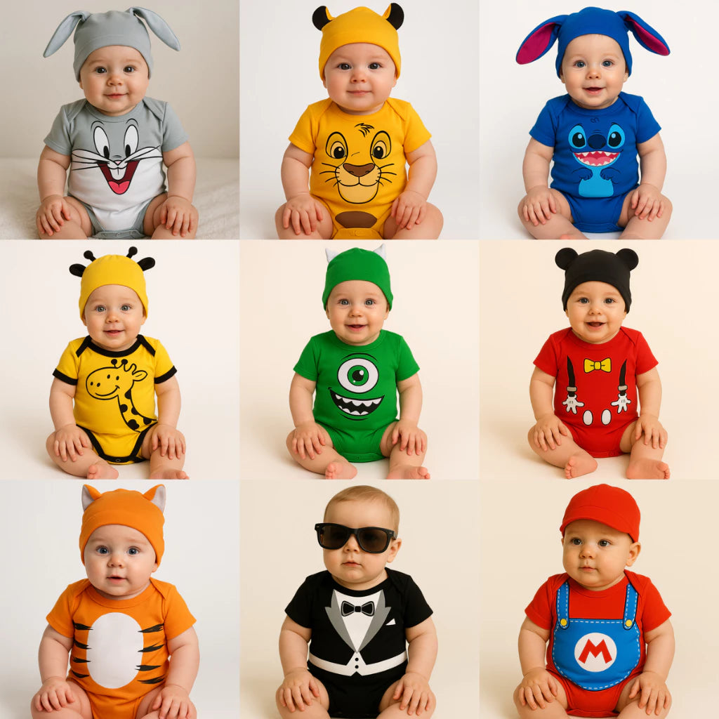 Body Bebê Mesversário com Touca 100% Algodão – Kit 2 Peças Temático Wood