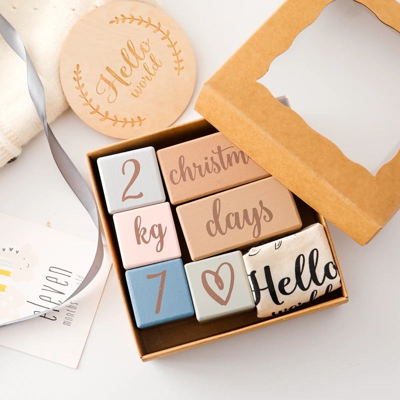 Madeira Mês Milestone Digit Record Card, Newborn Birthday Gift, Baby Photo Souvenir, Fotografia Acessórios com Caixa, 7pcs por conjunto