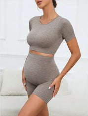 Feminino maternidade 2 peças sem costura manga curta colheita superior legging define treino casual