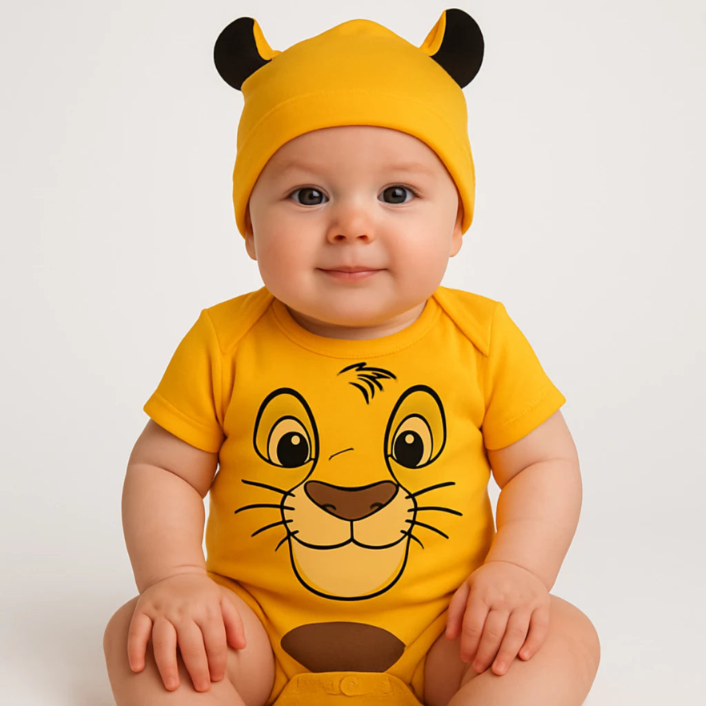 Body Bebê Mesversário com Touca 100% Algodão – Kit 2 Peças Temático Simba