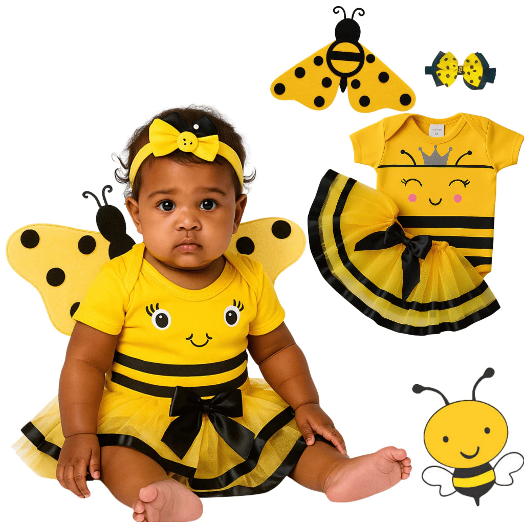 Body Bebê Mesversário 100% Algodão – Kit Temático Abelinha com Saia + Laço + Asa