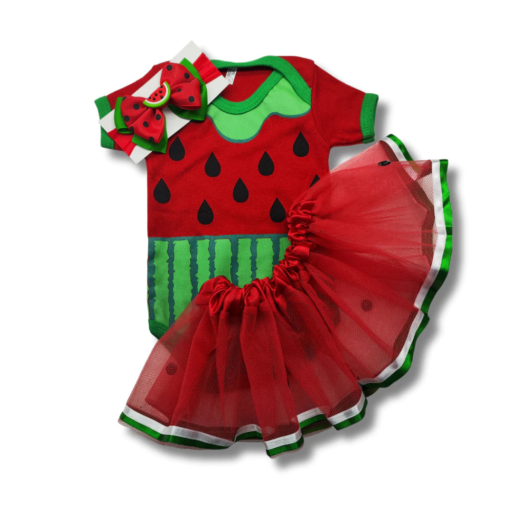 Body Bebê Mesversário com Tule e Laço ou Touca 100% Algodão – Kit 3 Peças Temático Melancia