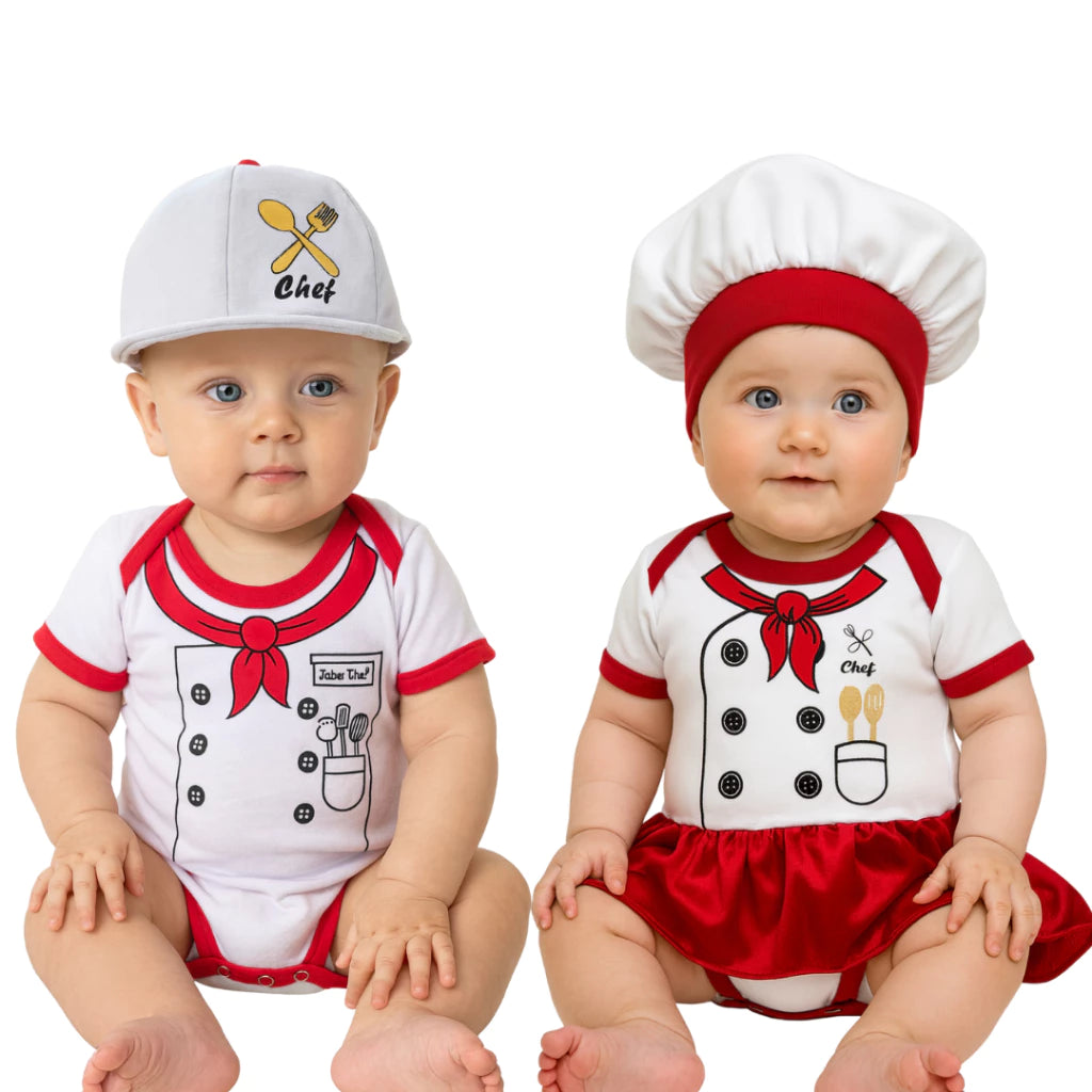 Body Bebê Mesversário com Touca 100% Algodão – Kit 2 Peças Temático Chefe de Cozinha