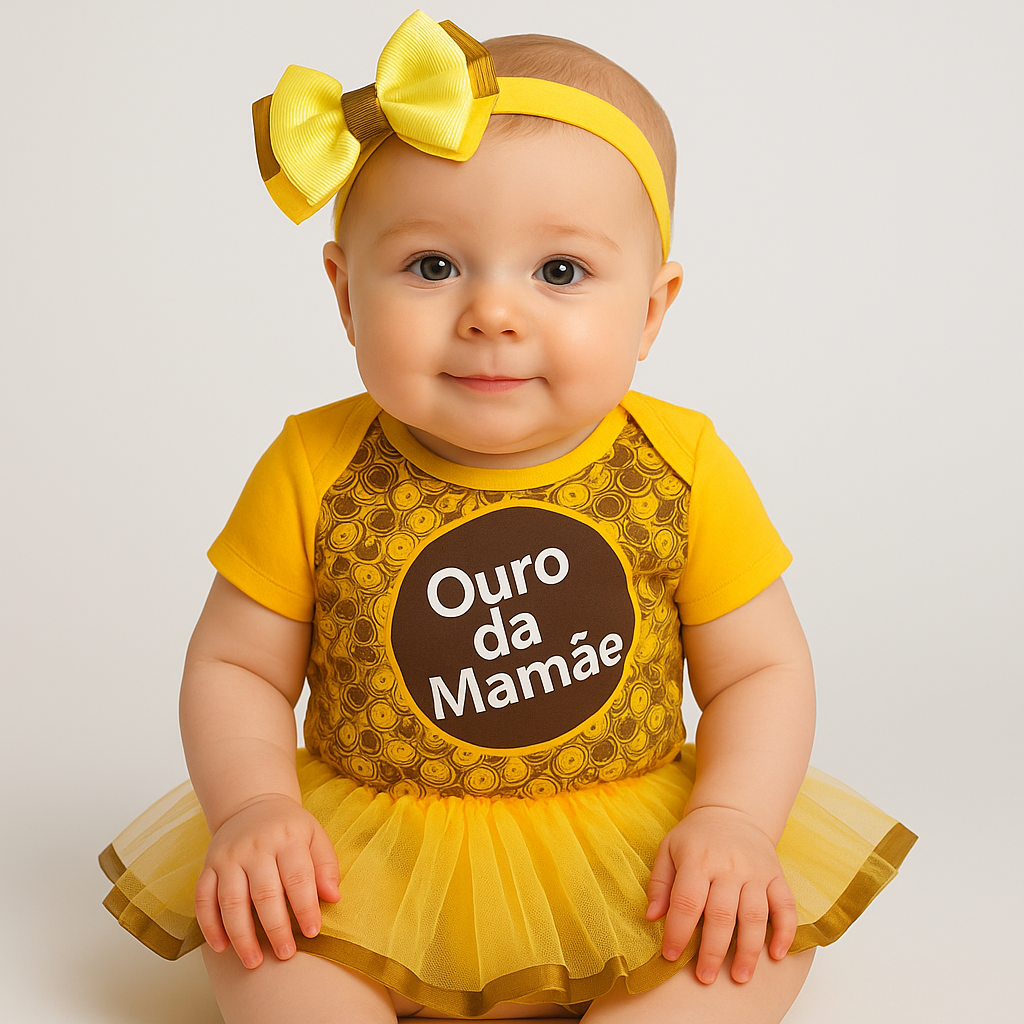 Body Bebê Mesversário com Tule e Laço 100% Algodão – Kit 3 Peças Temático Ouro da Mamãe